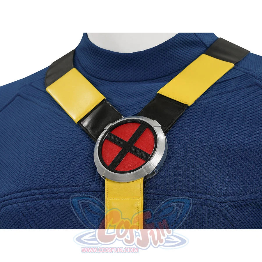Cyclops cosplay X-Men logo emblem detail showing red and black symbol with yellow straps
