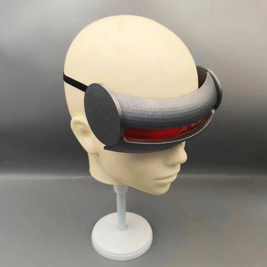 Cyclops cosplay visor goggles with red lens and gray resin frame on a mannequin head