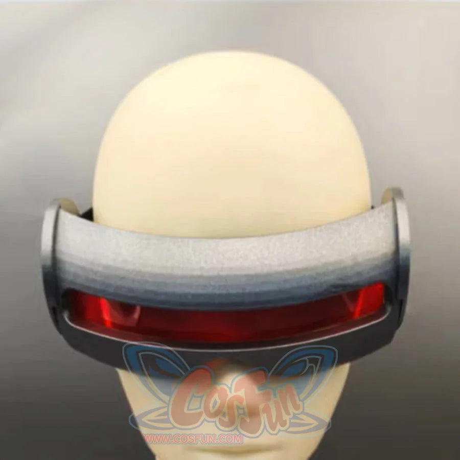 Cyclops cosplay visor goggles with red lens and dark resin frame shown from the front on a mannequin