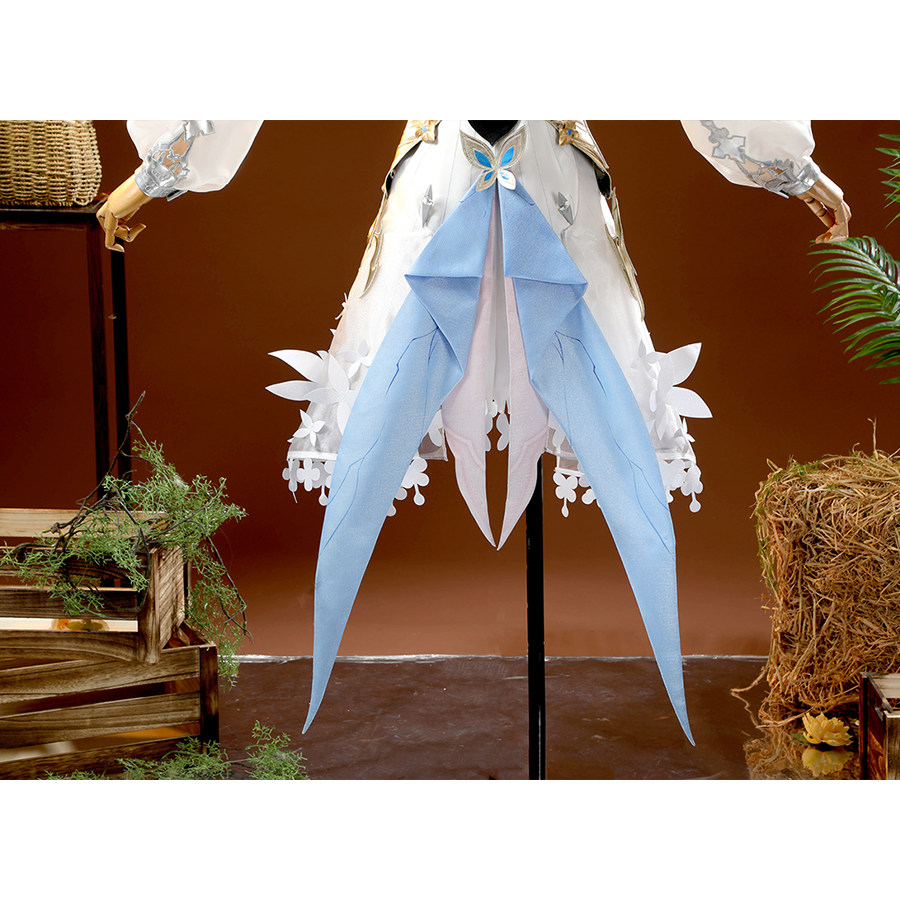 Blue cape train with white feather trim on DNA Duet Night Abyss Truffle cosplay costume back