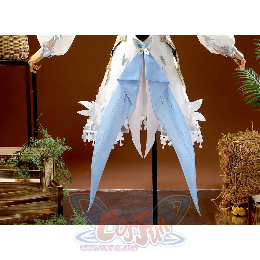 Blue cape train with white feather trim on DNA Duet Night Abyss Truffle cosplay costume back