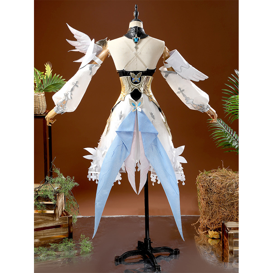 Back view of DNA Duet Night Abyss Truffle cosplay costume showing feathered sleeves and blue cape