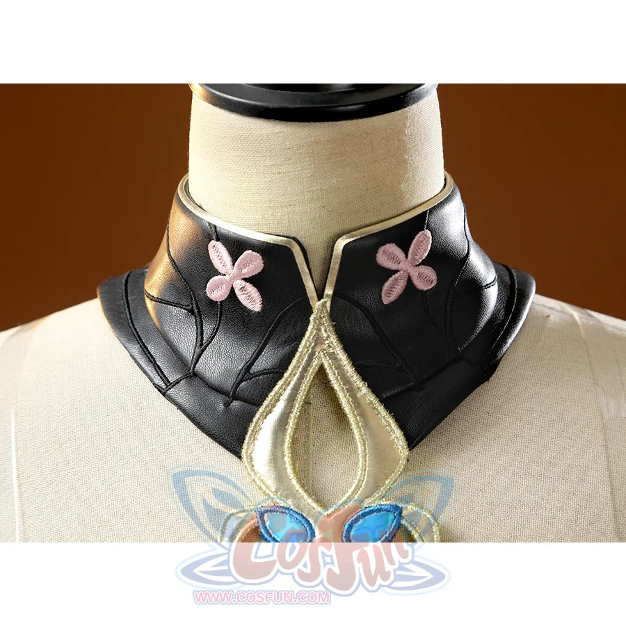 Close-up detail of black collar with pink flowers on DNA Duet Night Abyss Truffle cosplay costume