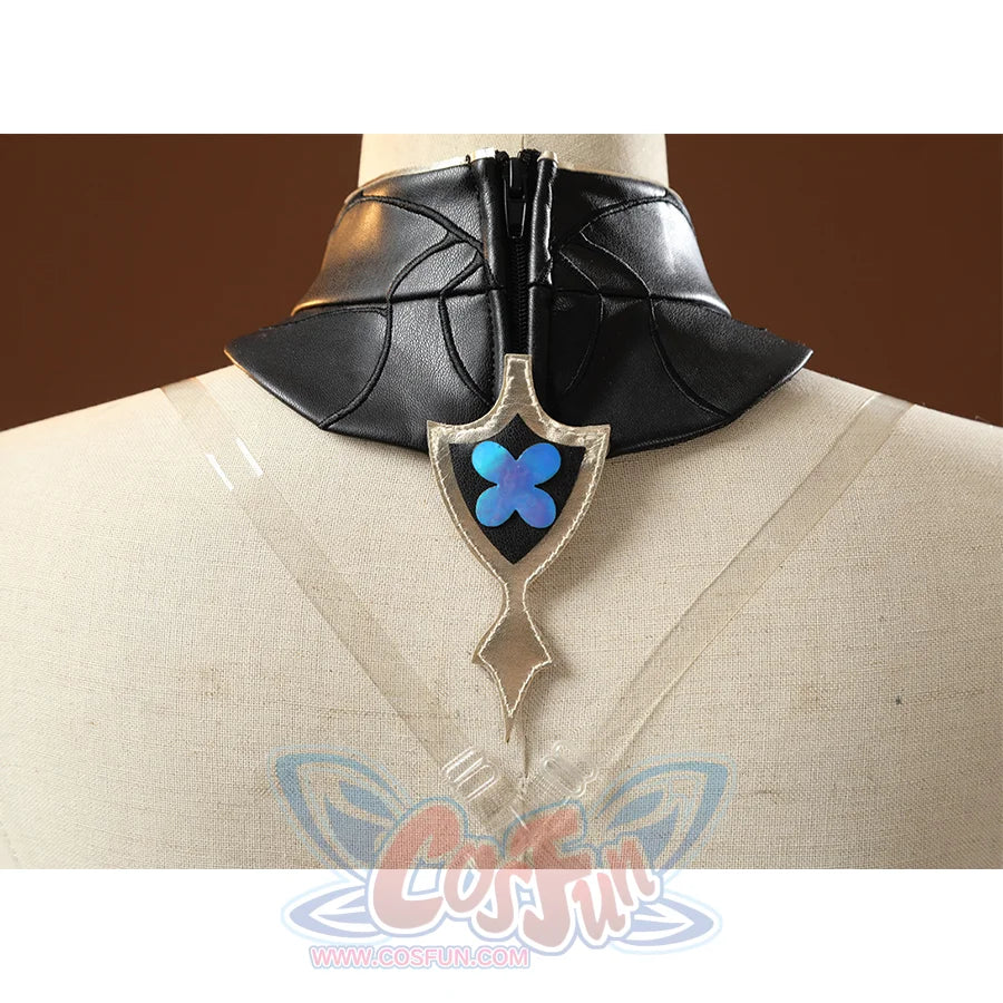 Back detail of black collar with blue flower emblem on DNA Duet Night Abyss Truffle cosplay costume