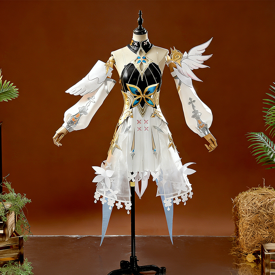 Front view of DNA Duet Night Abyss Truffle cosplay costume with white feathered shoulder ornaments