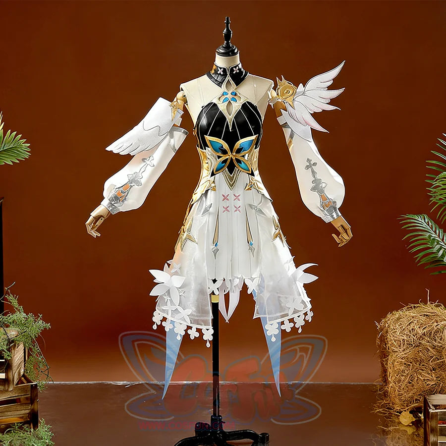 Front view of DNA Duet Night Abyss Truffle cosplay costume with white feathered shoulder ornaments