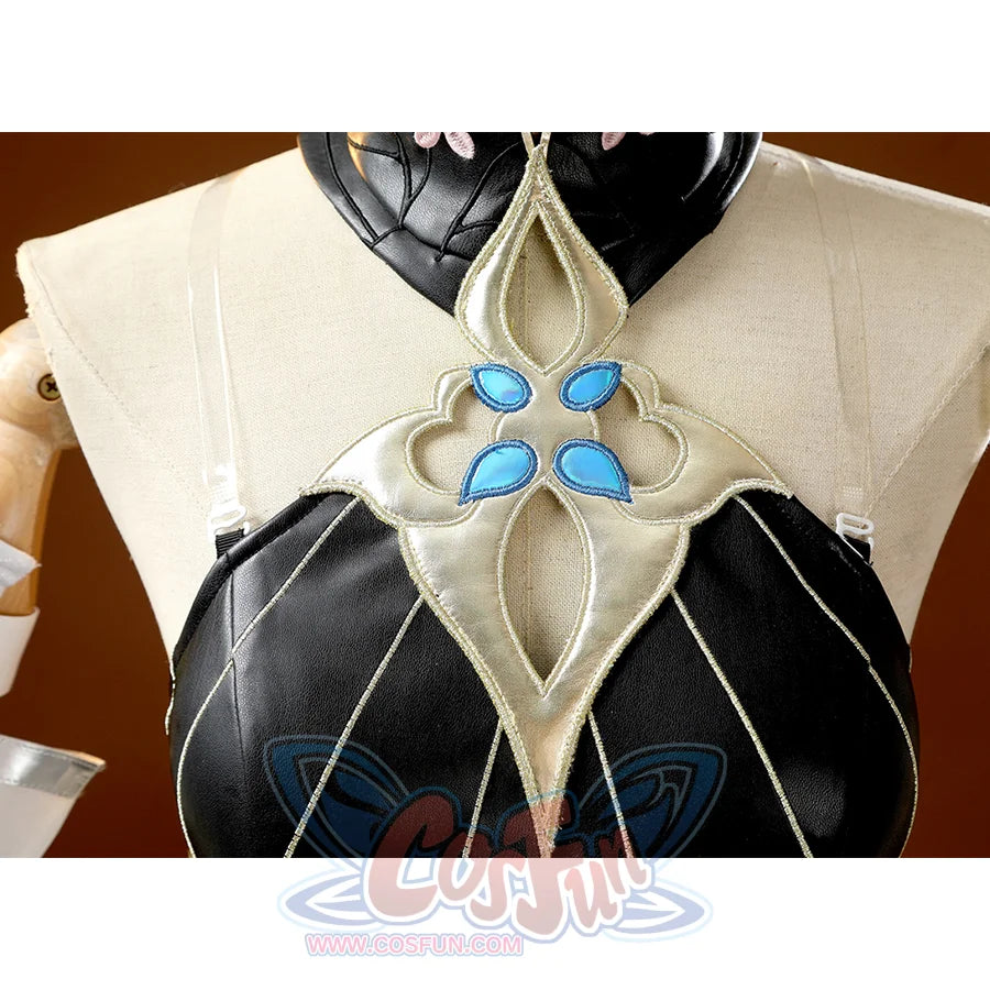 Chest ornament detail with blue gems on DNA Duet Night Abyss Truffle cosplay costume bodice