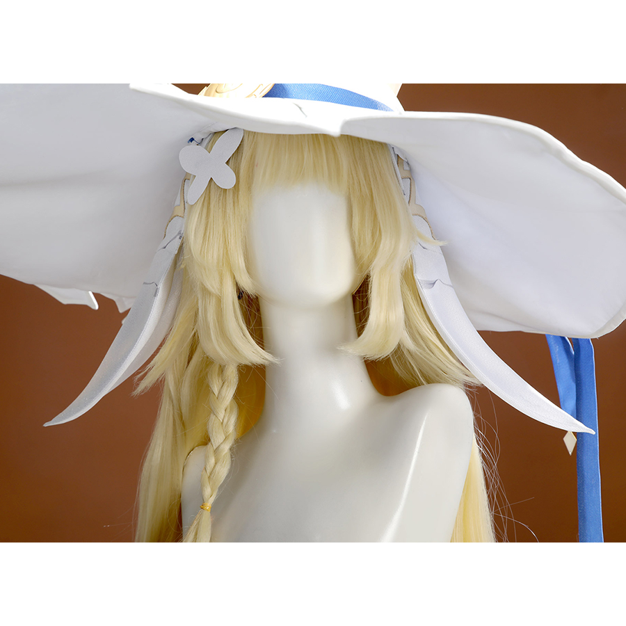 Front view of white hat with blonde wig for DNA Duet Night Abyss Truffle cosplay costume headwear