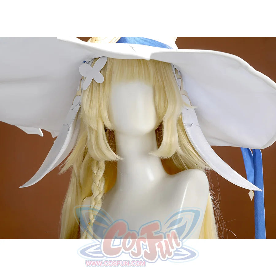 Front view of white hat with blonde wig for DNA Duet Night Abyss Truffle cosplay costume headwear