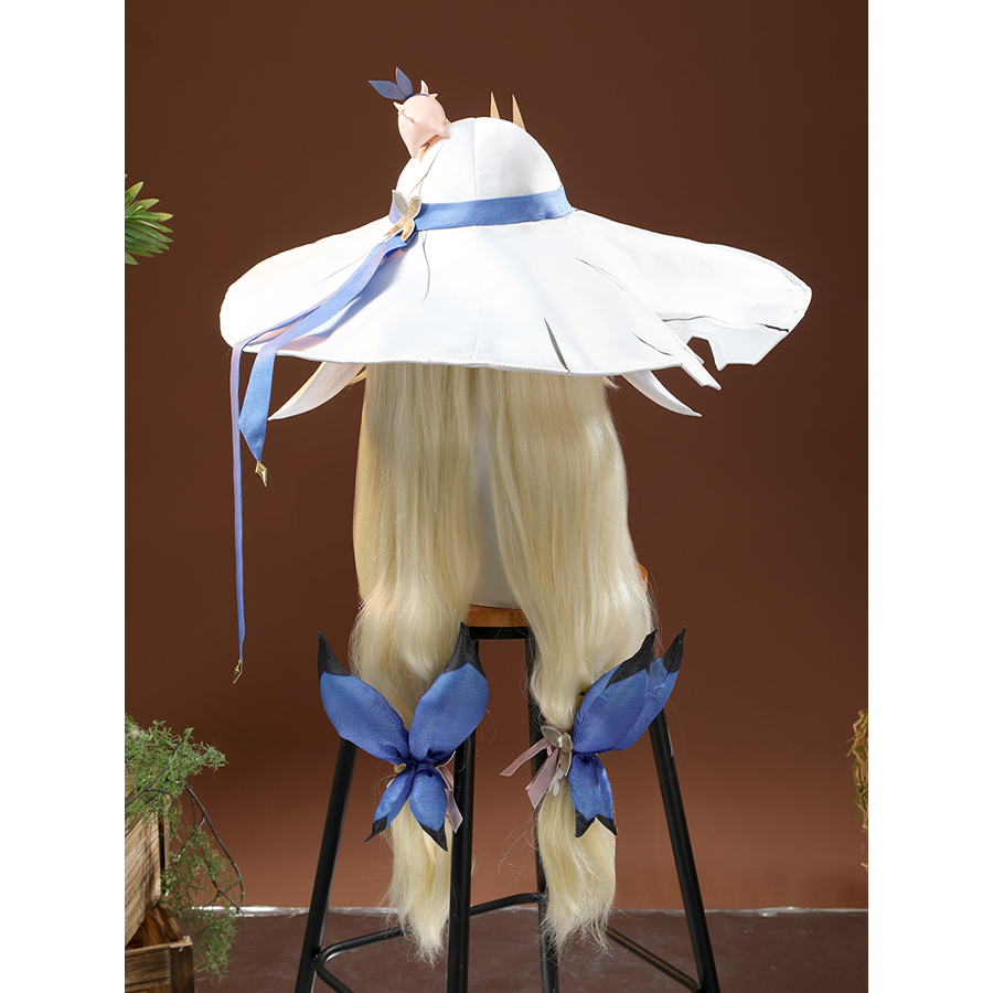 Back view of white hat with blonde wig for DNA Duet Night Abyss Truffle cosplay costume headpiece