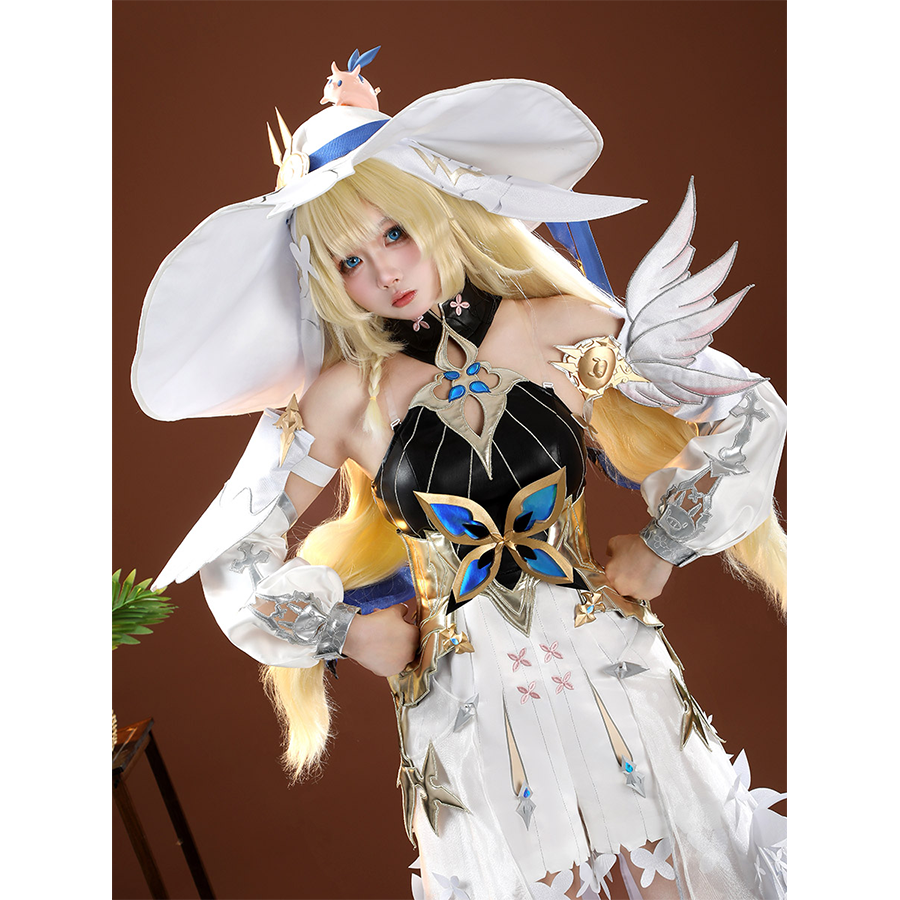 Tilted angle portrait of model in DNA Duet Night Abyss Truffle cosplay costume with white hat