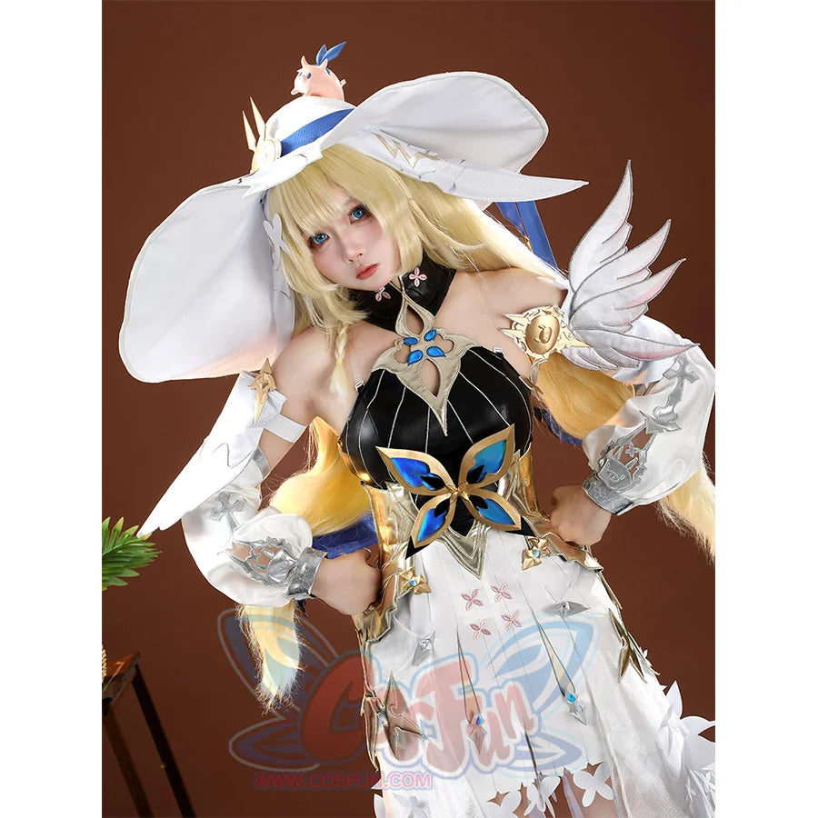 Tilted angle portrait of model in DNA Duet Night Abyss Truffle cosplay costume with white hat