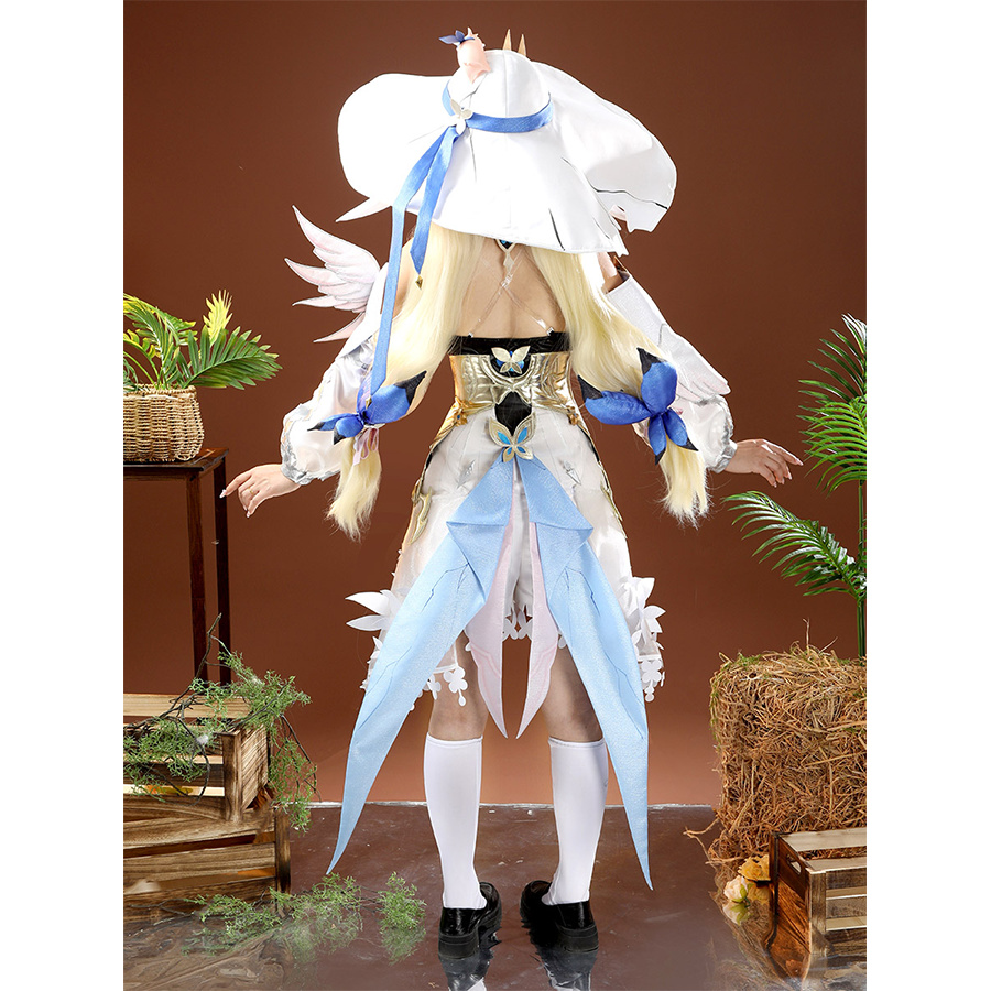 Back view of model in DNA Duet Night Abyss Truffle cosplay costume showing blue cape details