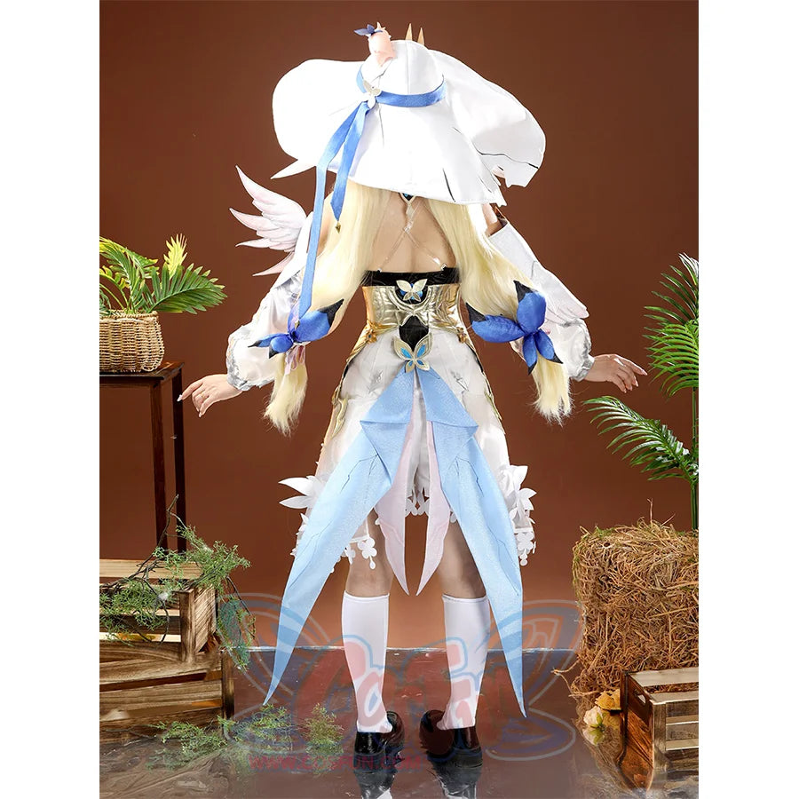 Back view of model in DNA Duet Night Abyss Truffle cosplay costume showing blue cape details