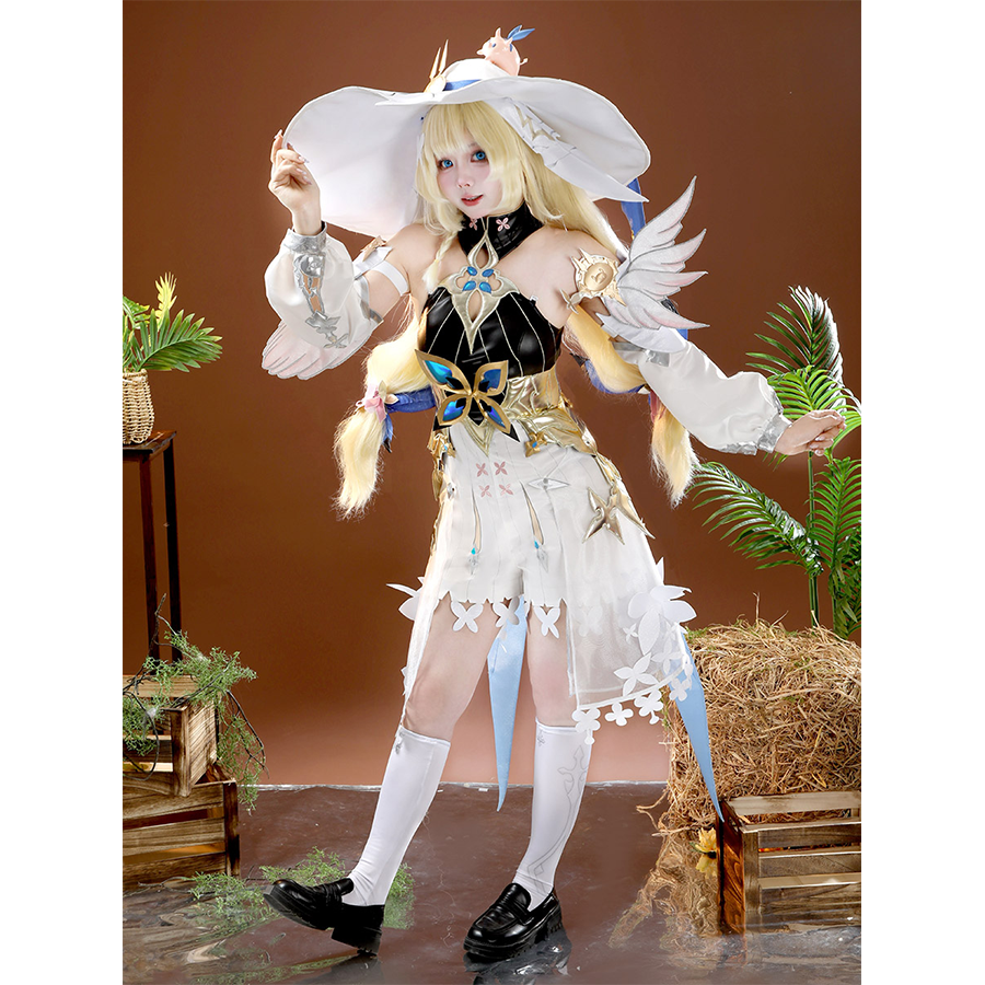 Left side angle of model in DNA Duet Night Abyss Truffle cosplay costume with posed hand gesture