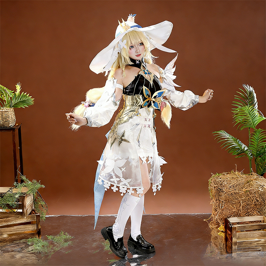 DNA Duet Night Abyss Truffle cosplay costume full-body look with white feathered accessories and hat