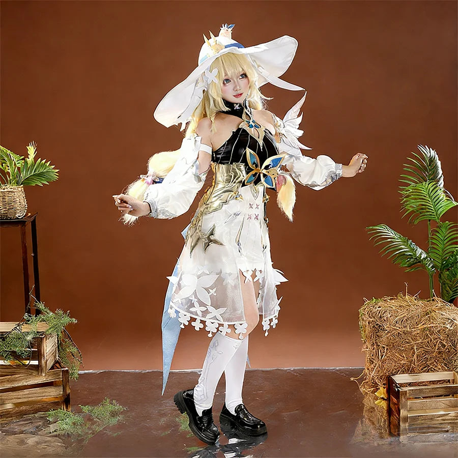 DNA Duet Night Abyss Truffle cosplay costume full-body look with white feathered accessories and hat