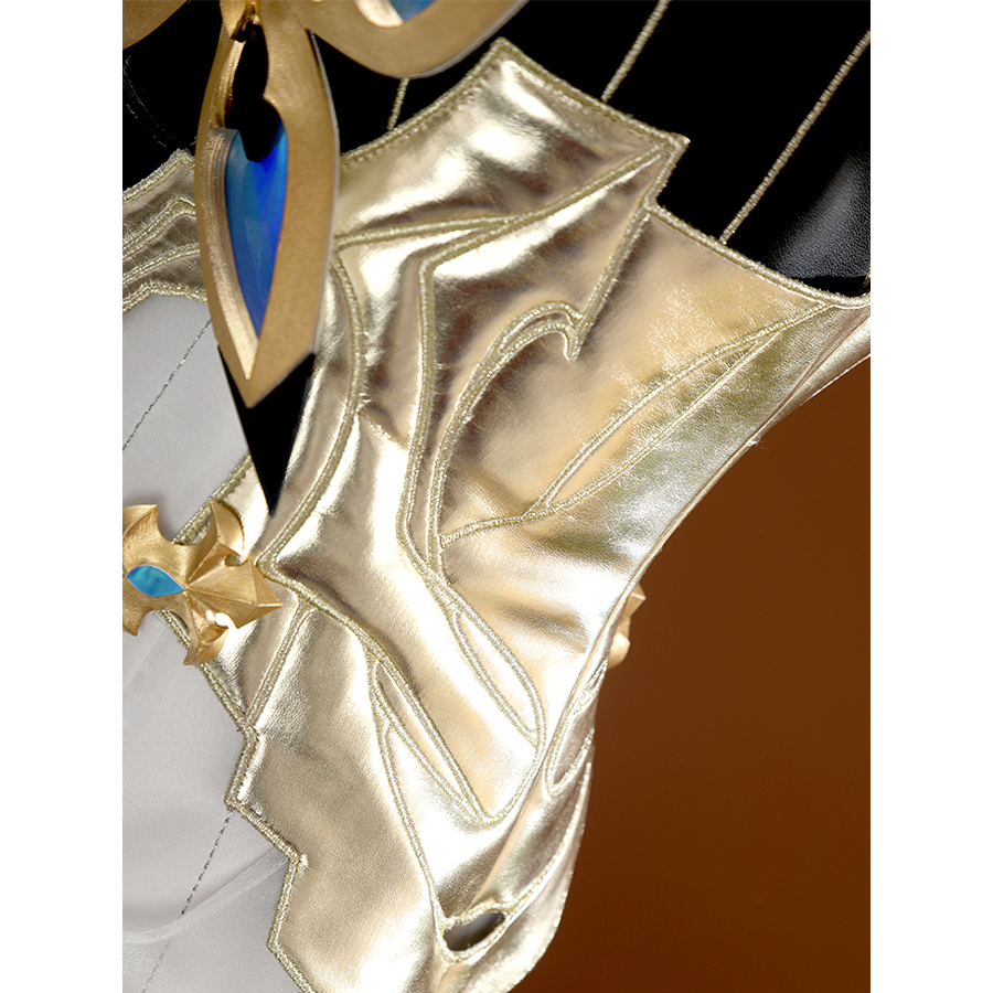 Waist side detail of golden fabric on DNA Duet Night Abyss Truffle cosplay costume with blue gem