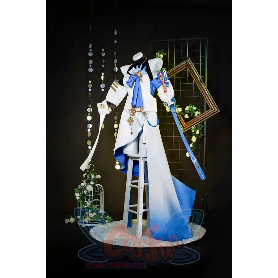 COSFUN Honkai: Star Rail Bronya Zaychik cosplay dress layers gold embroidery over a cascading blue train.