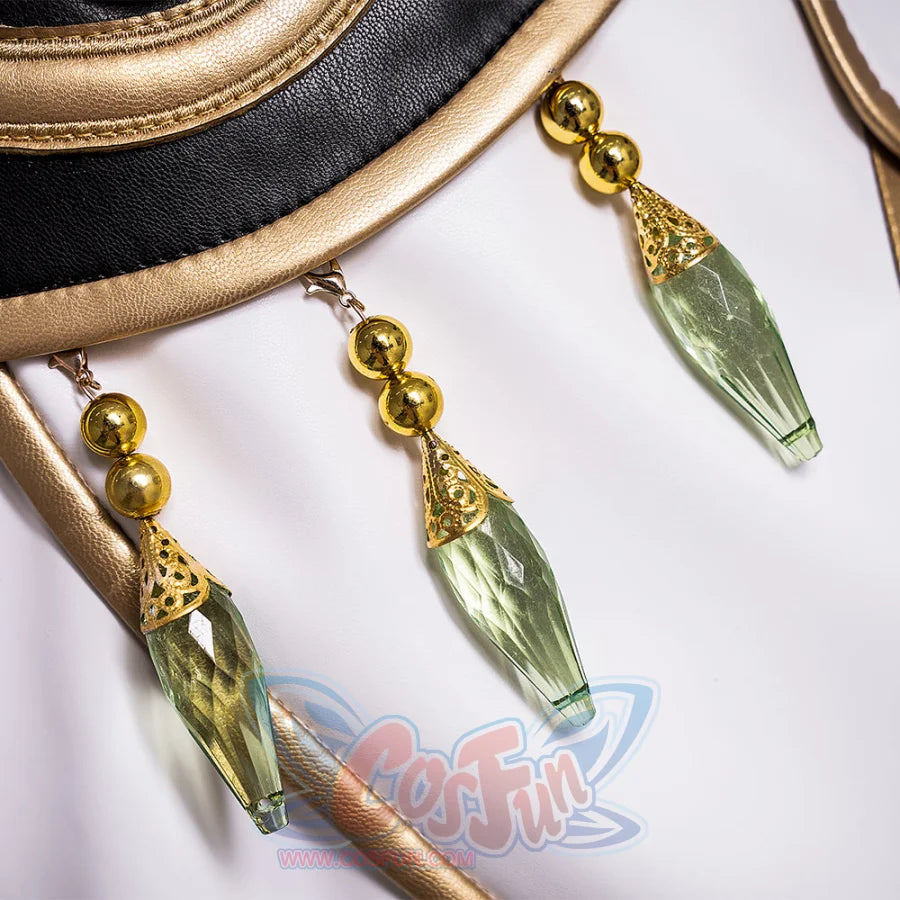 Anime Lelouch cosplay collar detail drops three green teardrop baubles beneath a gold-piped black neckline.