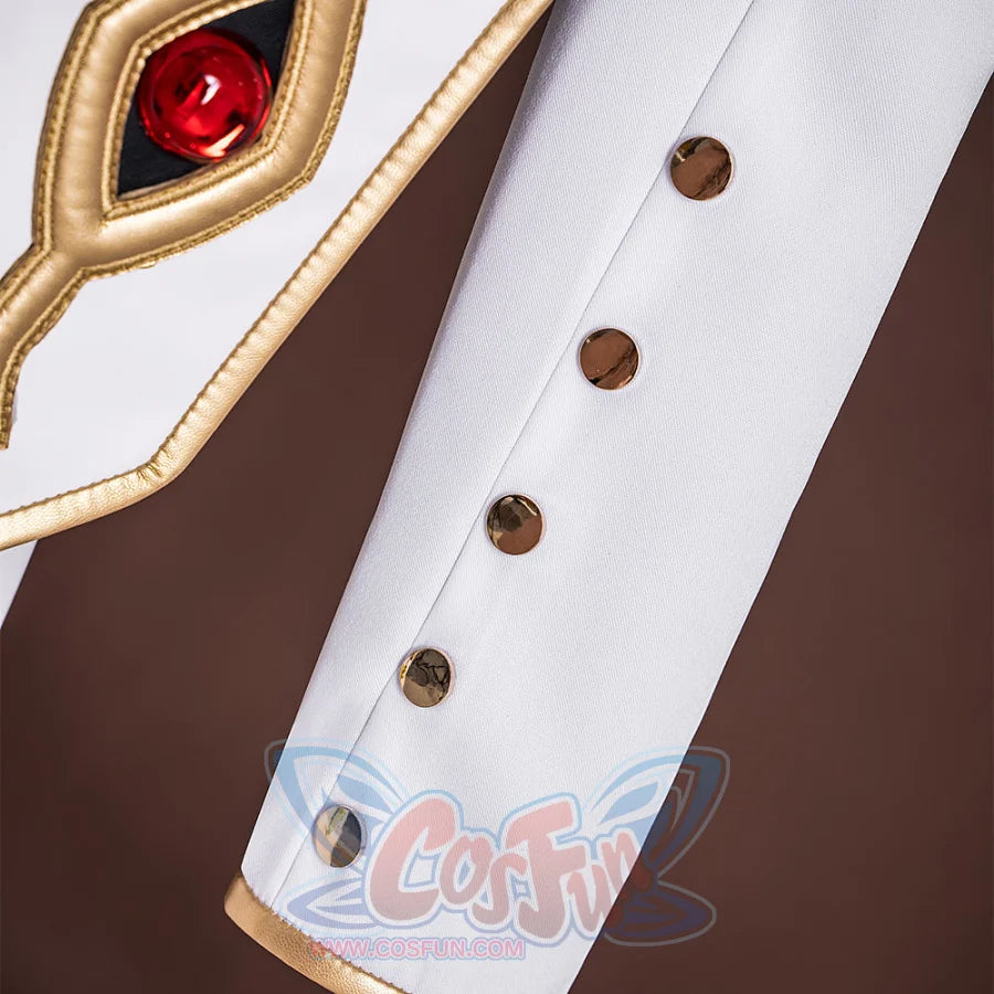 Anime Lelouch cosplay sleeve detail anchors five brass dome buttons along a gold-piped epaulet.