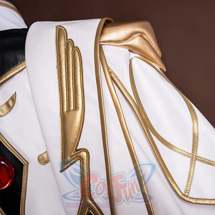 Anime Lelouch cosplay shoulder detail frames wing-shaped gold patches over a black and white trimmed sleeve.