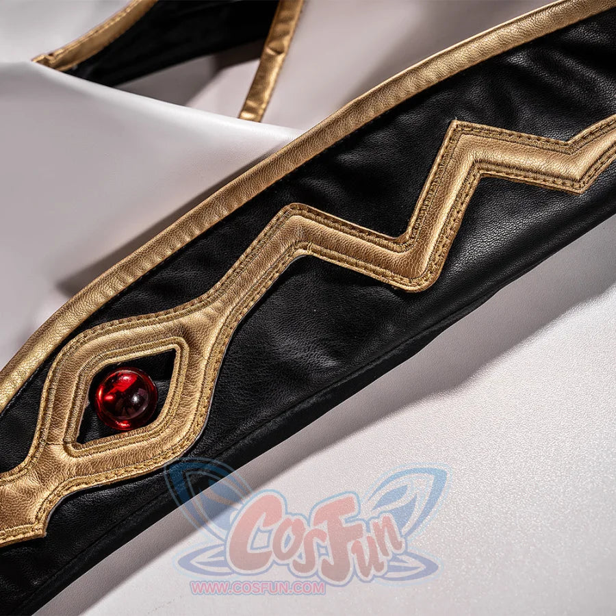 Anime Lelouch cosplay trim piece centers a red gem against black faux leather carrying a geometric gold pattern.
