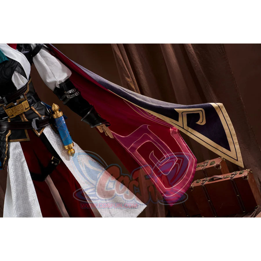 Honkai: Star Rail Jing Yuan cosplay costume traces gold embroidery across tunic beside scroll accessory.