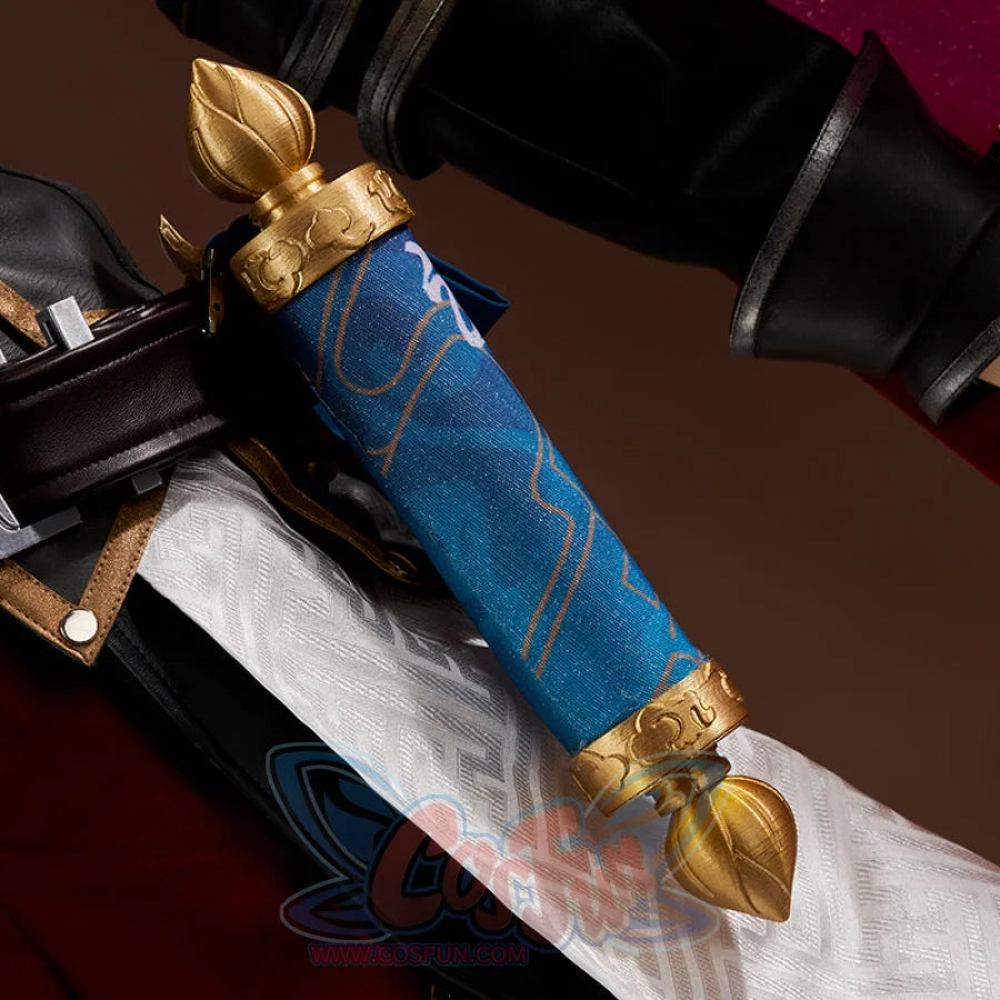 Honkai: Star Rail Jing Yuan cosplay scroll prop pairs patterned blue detail beside dark arm gauntlets.