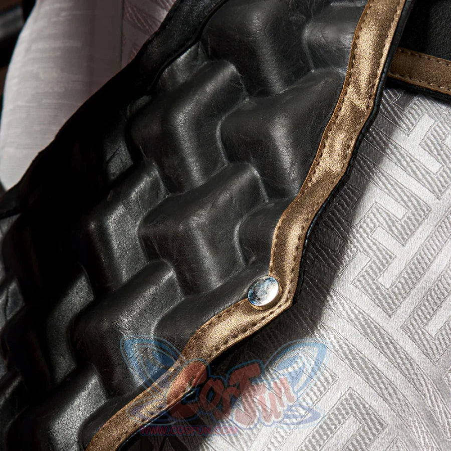 Honkai: Star Rail Jing Yuan cosplay jacket sets metallic gold piping against white brocade fabric.