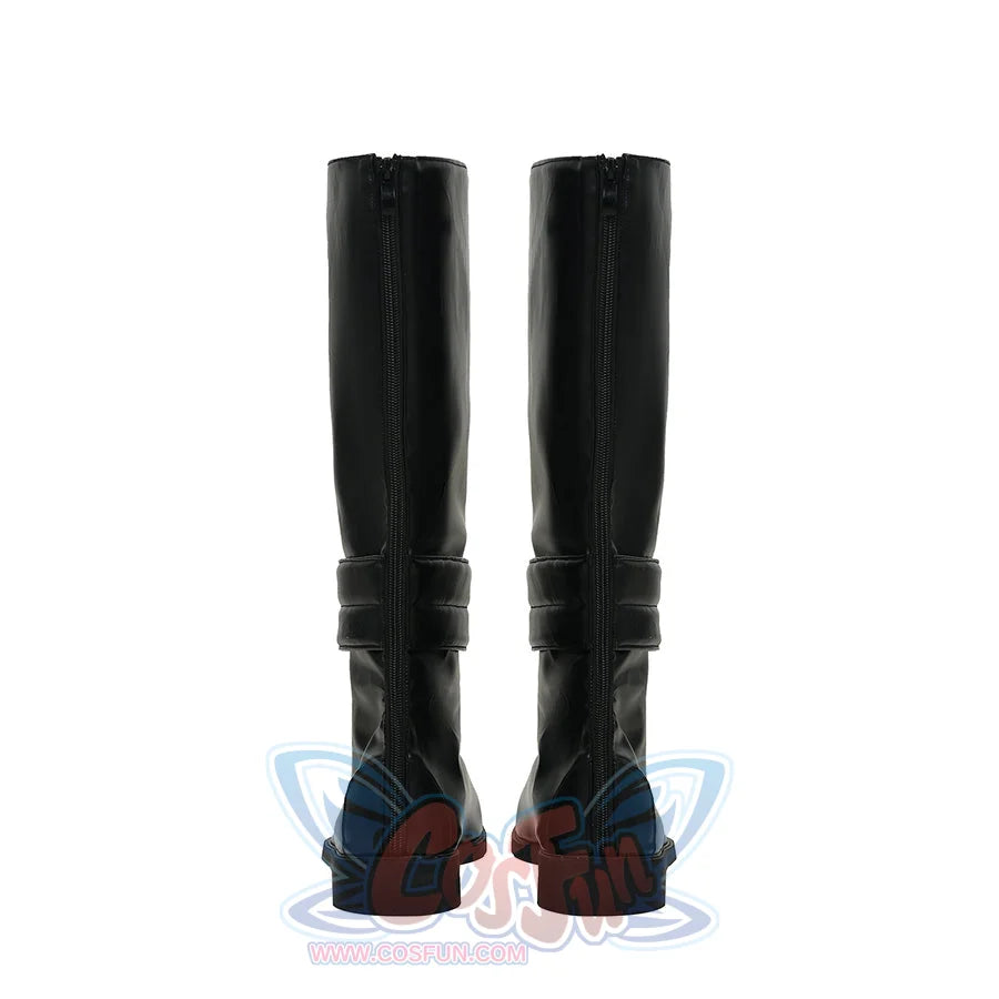 Tim Drake cosplay boots pair shot from behind tracing back zippers up to the calf over red soles.