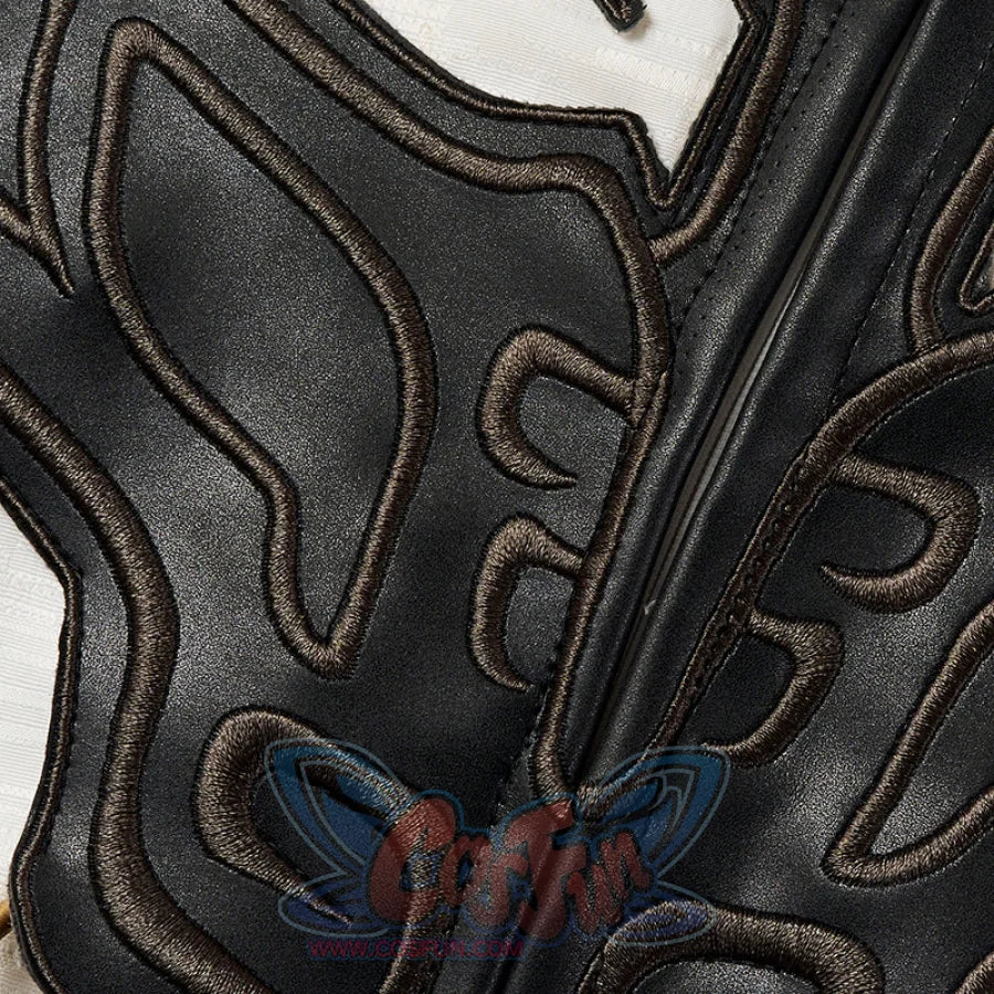 Honkai: Star Rail Jing Yuan cosplay garment traces dark gold embroidery over structured leatherette panels.