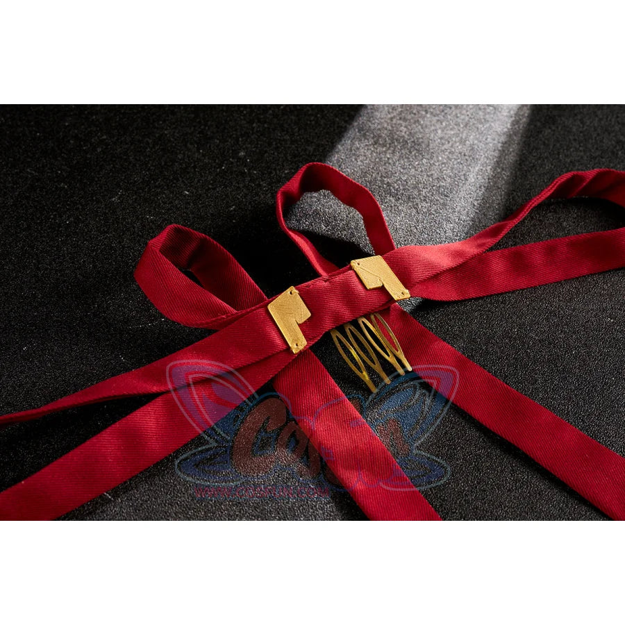 Honkai: Star Rail Jing Yuan cosplay hair accessories pair red ribbon ornaments beside gold hair comb.