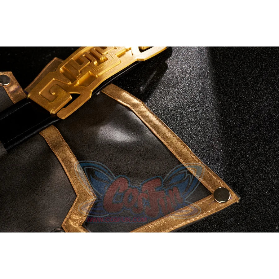 Honkai: Star Rail Jing Yuan cosplay waistband frames gold geometric buckle over brown faux leather panels.