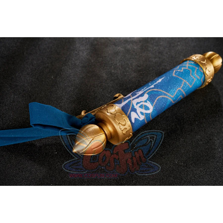 Honkai: Star Rail Jing Yuan cosplay scroll prop anchors gold abstract patterns to dark blue ribbon.