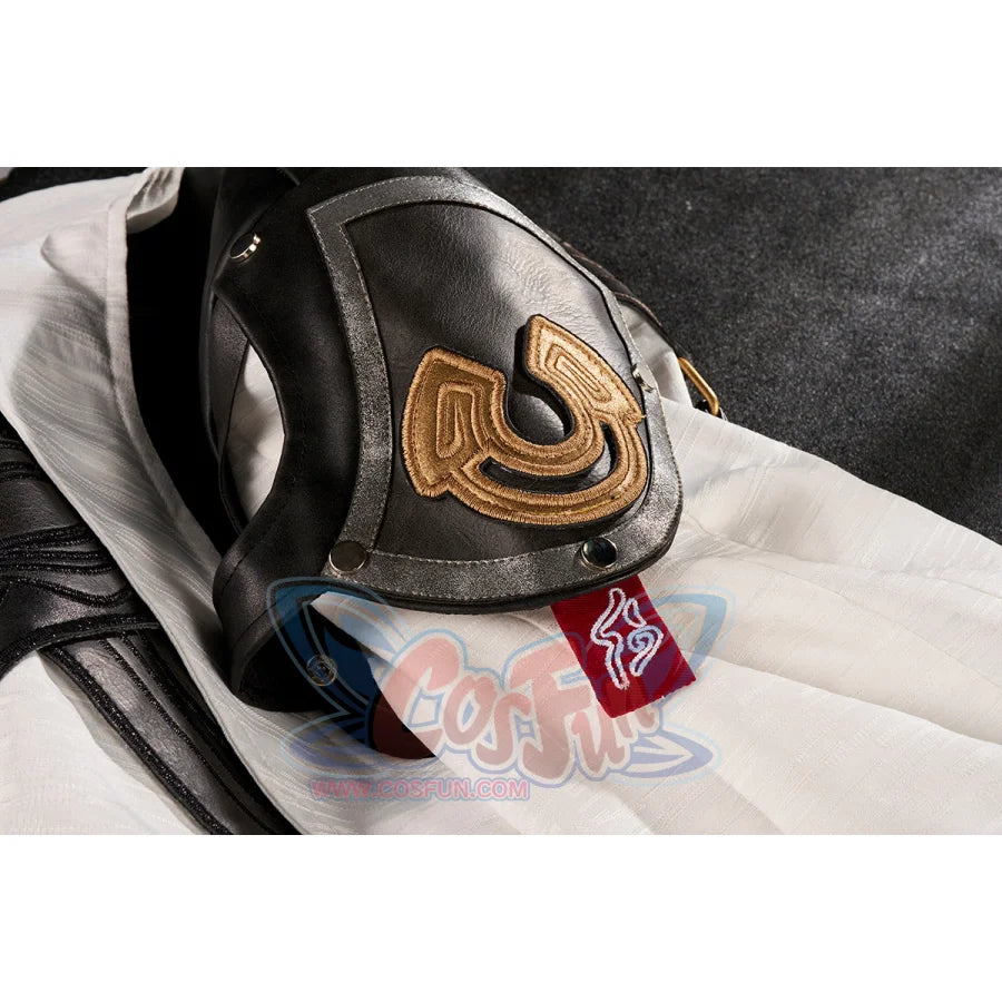 Honkai: Star Rail Jing Yuan cosplay shoulder piece sets gold embroidered patch beside red fabric charm.