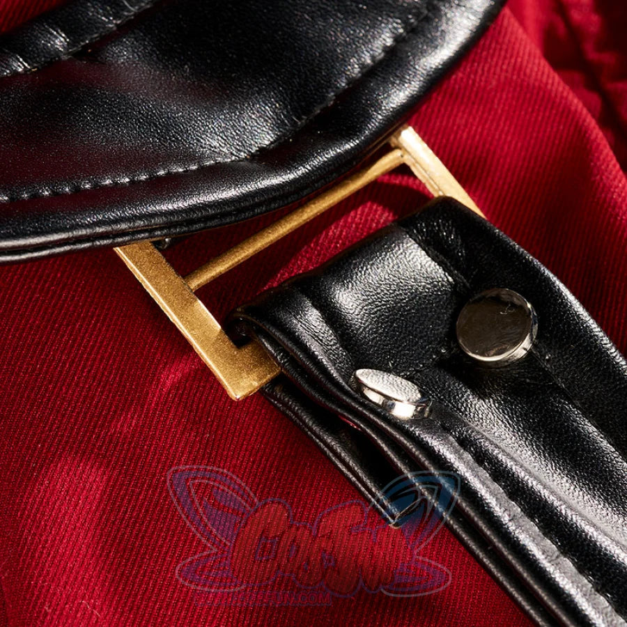 Honkai: Star Rail Jing Yuan cosplay waistband anchors aged gold frame buckle over red and black faux-leather trim.