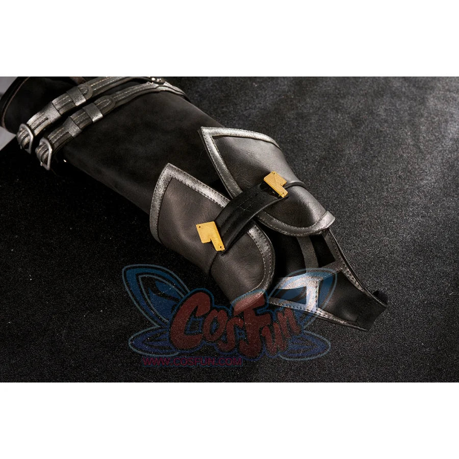 Honkai: Star Rail Jing Yuan cosplay arm armor layers black pauldron silver trim beside gold accent detail.