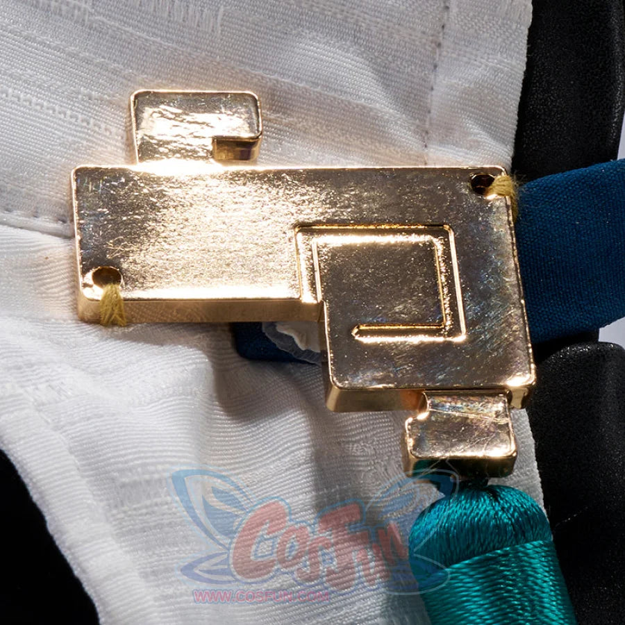 Honkai: Star Rail Jing Yuan cosplay waistband centers square gold buckle with teal thread tassel.