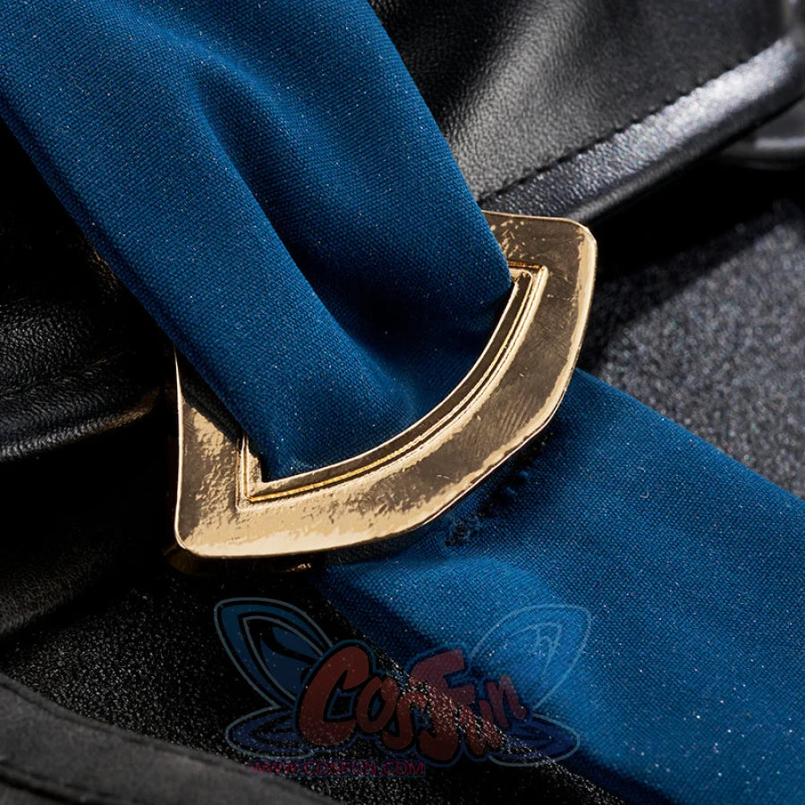 Honkai: Star Rail Jing Yuan cosplay belt centers gold trapezoidal buckle against black faux-leather and blue fabric.