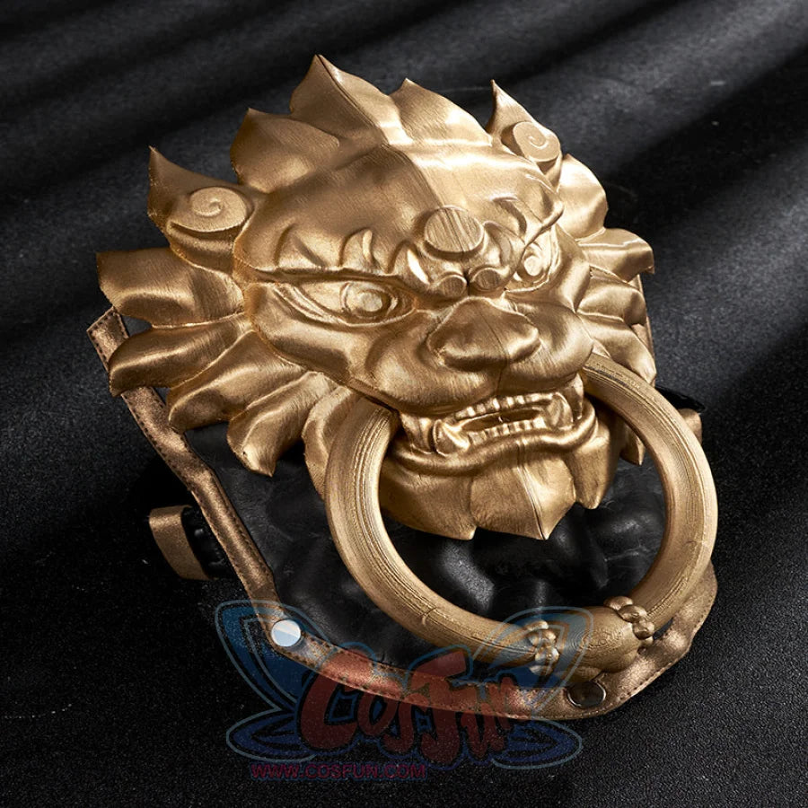 Honkai: Star Rail Jing Yuan cosplay lion head prop frames sculptural golden mane around integrated metal ring handle.