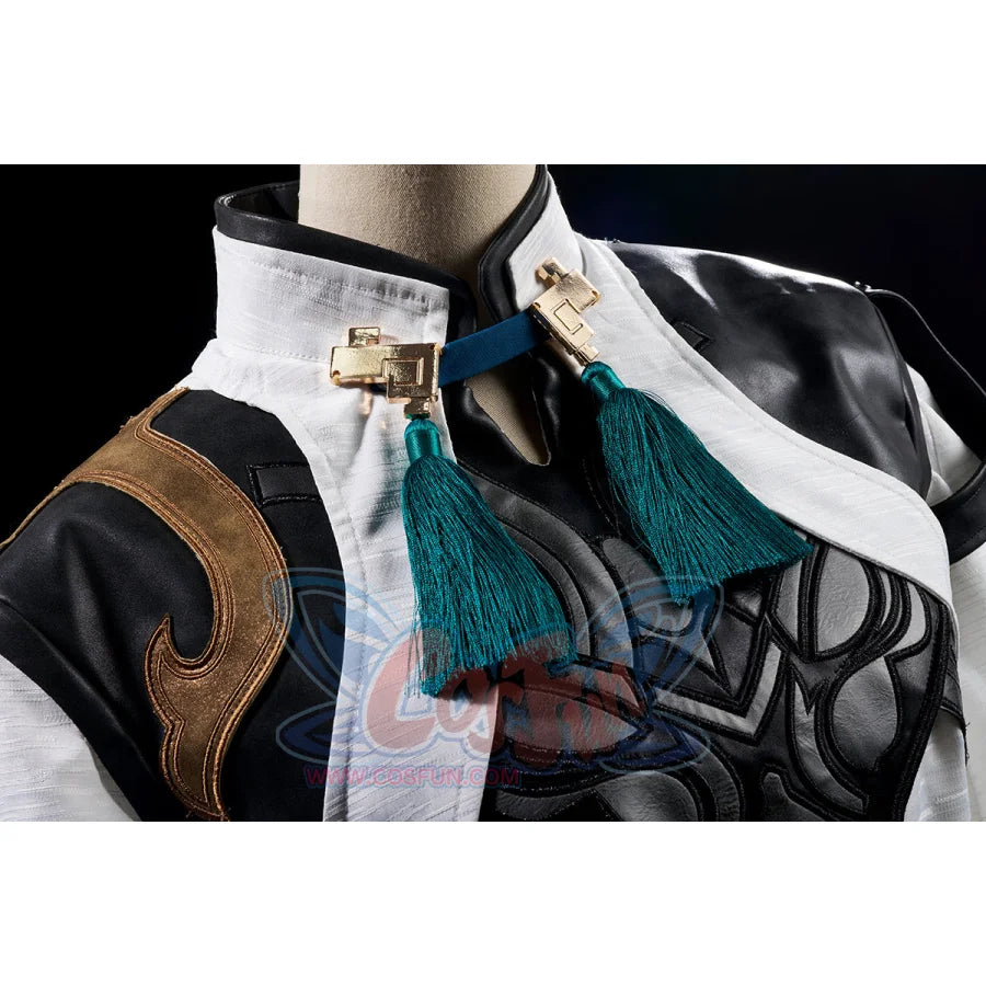 Honkai: Star Rail Jing Yuan cosplay garment layers black white panels beneath teal tassel trim.