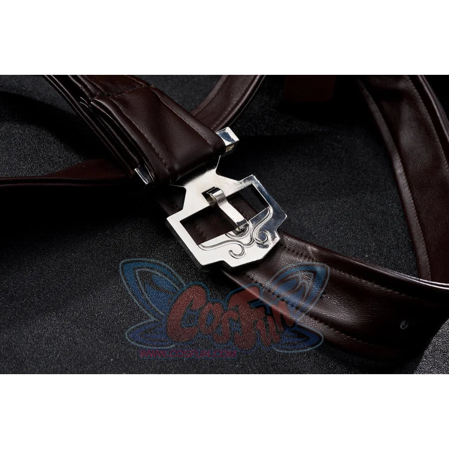 Honkai: Star Rail Jing Yuan cosplay harness anchors decorative silver cross buckle onto brown faux-leather straps.
