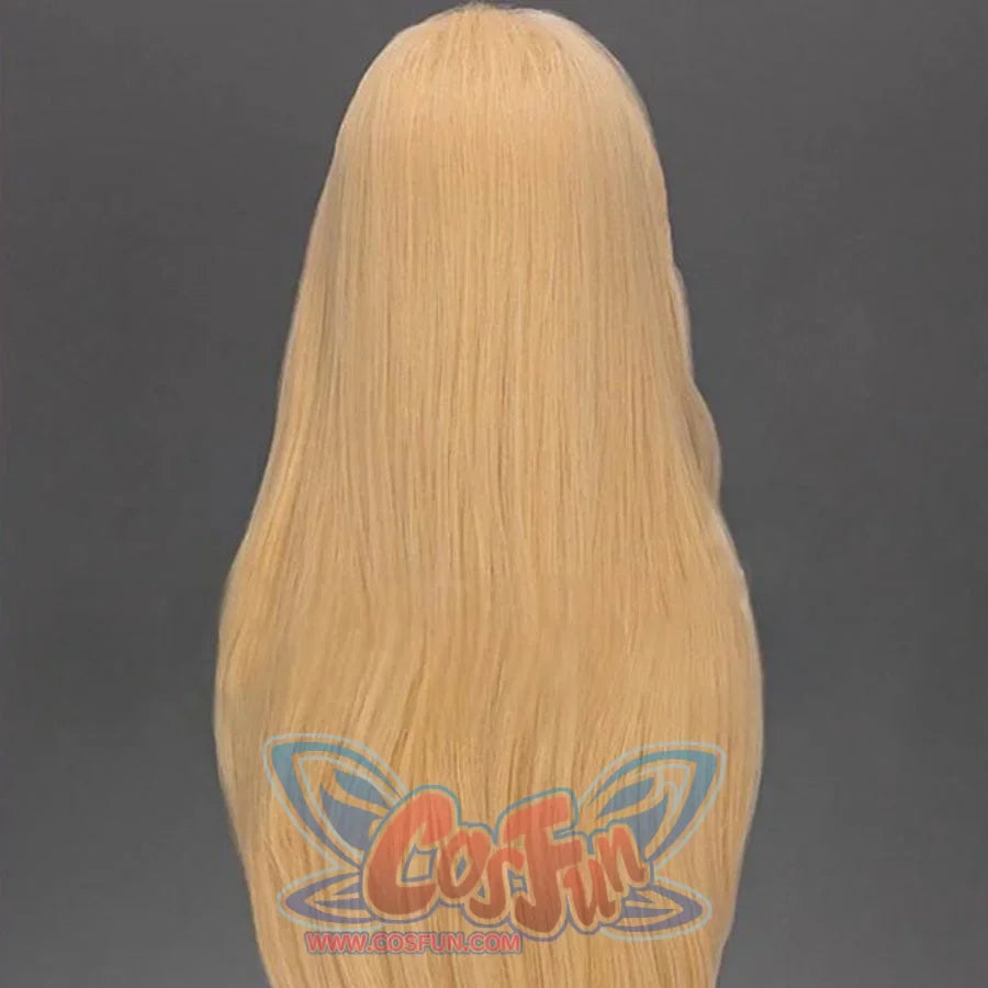 Back view of long straight blonde wig for cosplay use