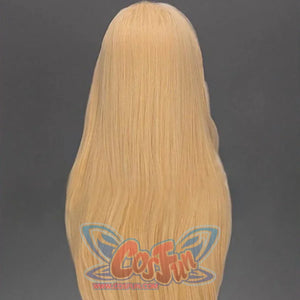 Back view of long straight blonde wig for cosplay use