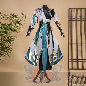 Dan Heng Cosplay Costume, black, white, gold and teal outfit, back view.