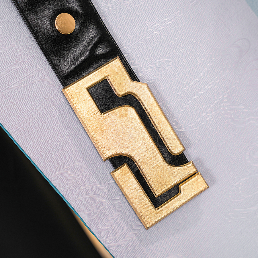 Dan Heng Permansor Terrae Cosplay Costume, a geometry gold ornament adorns the end of the PU leather ribbon.
