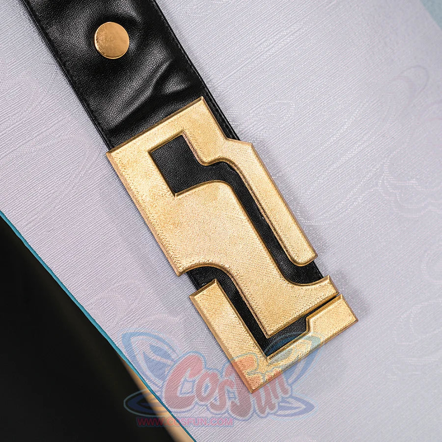 Dan Heng Permansor Terrae Cosplay Costume, a geometry gold ornament adorns the end of the PU leather ribbon.
