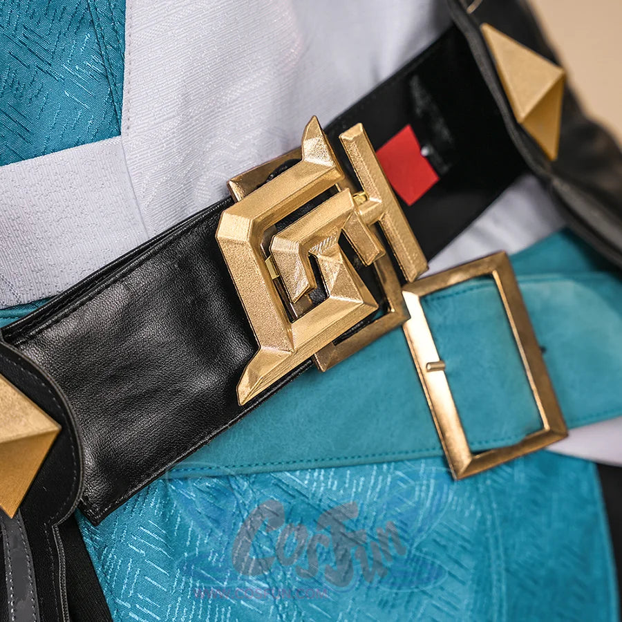 Dan Heng Permansor Terrae Cosplay Costume, black PU leather with gold belt buckle.