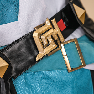 Dan Heng Permansor Terrae Cosplay Costume, black PU leather with gold belt buckle.